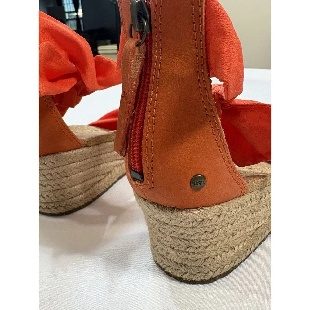 UGG Womens Yarrow Wedge Espadrille Sandal Size 9.5 Orange Ankle Tie